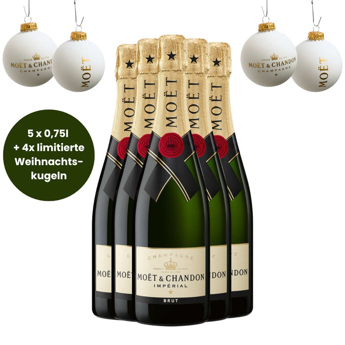 Champagne Moët & Chandon Imperial Brut (5 x 0,75L) + 4 Moët Weihnachtskugeln