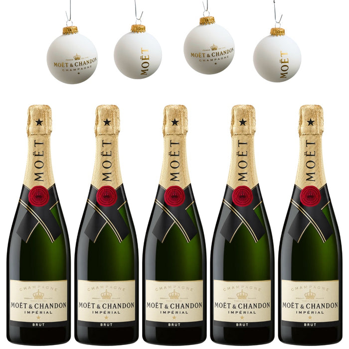 Champagne Moët & Chandon Imperial Brut (5 x 0,75L) + 4 Moët Weihnachtskugeln – Pakete – Moët & Chandon