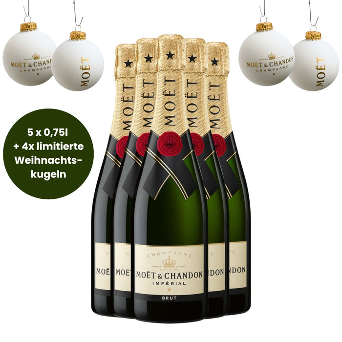 Champagne Moët & Chandon Imperial Brut (5 x 0,75L) + 4 Moët Weihnachtskugeln – Pakete – Moët & Chandon